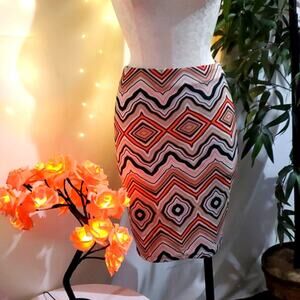 Rainbow Geometric Retro Y2K Trippy Fitted Pencil Skirt Women's M Hippie